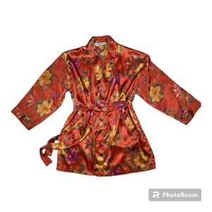 VTG Victoria Secret Floral Print Red Short Robe Kimono Womens Packets One Size
